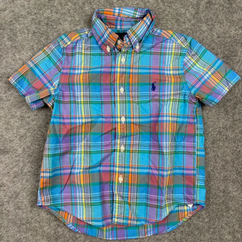 Ralph Lauren Button Down Shirt Boys Size 4 Multicolor Plaid Short Sleeve Cotton